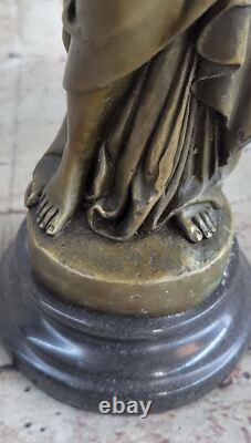 Signed Open Girl Flower Bronze Art Deco Sculpture Marble Base Figurine Gift