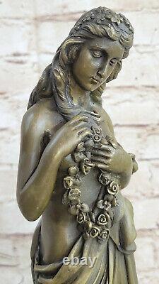 Signed Open Girl Flower Bronze Sculpture Art Deco Marble Base