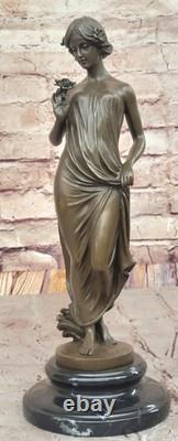 Signed Open Girl Flower Bronze Sculpture Art Deco Marble Base Figurine Decor