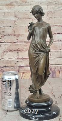 Signed Open Girl Flower Bronze Sculpture Art Deco Marble Base Figurine Decor
