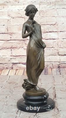 Signed Open Girl Flower Bronze Sculpture Art Deco Marble Base Figurine Decor