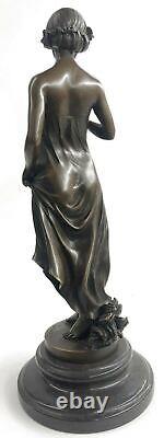 Signed Open Girl Flower Bronze Sculpture Art Deco Marble Base Figurine Decor