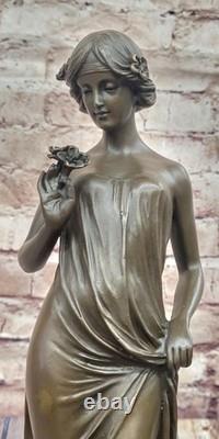 Signed Open Girl Flower Bronze Sculpture Art Deco Marble Base Figurine Decor