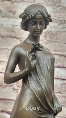 Signed Open Girl Flower Bronze Sculpture Art Deco Marble Base Figurine Decor