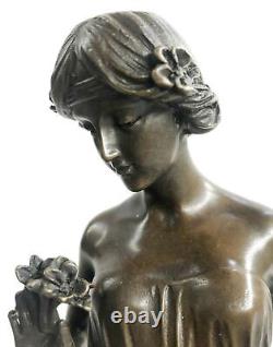 Signed Open Girl Flower Bronze Sculpture Art Deco Marble Base Figurine Decor