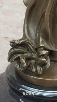 Signed Open Girl Flower Bronze Sculpture Art Deco Marble Base Figurine Decor