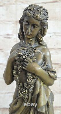 Signed Open Girl Flower Bronze Sculpture Art Deco Marble Figurine Base