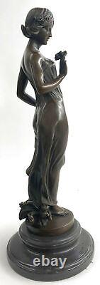 Signed Open Girl Flower Bronze Sculpture Art Deco Marble Figurine Base Business