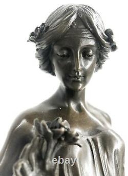 Signed Open Girl Flower Bronze Sculpture Art Deco Marble Figurine Base Business