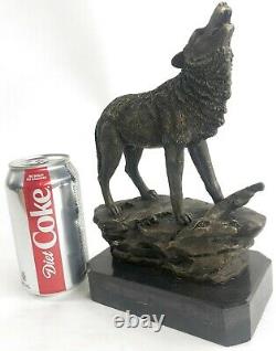Signed Original Art Hurling Wolf At The Moon Bronze Sculpture Marble Base Figure