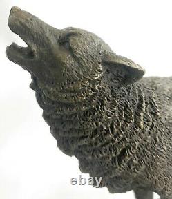 Signed Original Art Hurling Wolf At The Moon Bronze Sculpture Marble Base Figure