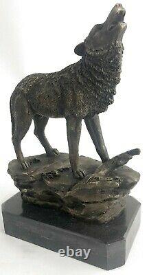 Signed Original Art Screaming Wolf To The Moon Bronze Sculpture Marble Base Figure