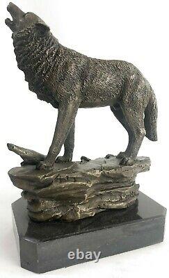 Signed Original Art Screaming Wolf To The Moon Bronze Sculpture Marble Base Figure