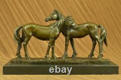 Signed Original Bronze Love Horses Sculpture Marble Base Figurine Home Decor