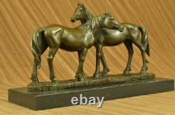 Signed Original Bronze Love Horses Sculpture Marble Base Figurine Home Decor