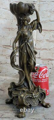 Signed Original Bronze and Marble Goddess Sculpture with Floral Candleholder for Sale