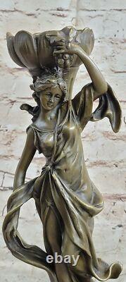 Signed Original Bronze and Marble Goddess Sculpture with Floral Candleholder for Sale
