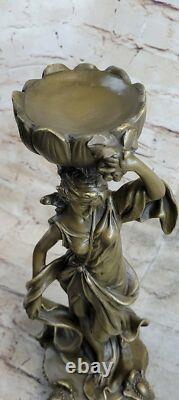 Signed Original Bronze and Marble Goddess Sculpture with Floral Candleholder for Sale