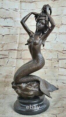 Signed Original Chair Sexy Mermaid Bronze Marble Statue Mythic Sea Sculpture