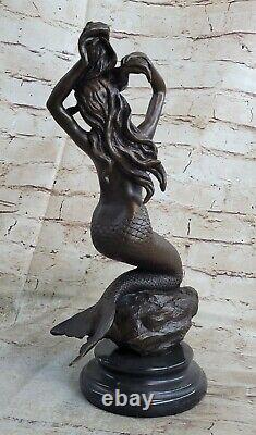 Signed Original Chair Sexy Mermaid Bronze Marble Statue Mythic Sea Sculpture