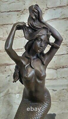 Signed Original Chair Sexy Mermaid Bronze Marble Statue Mythic Sea Sculpture From