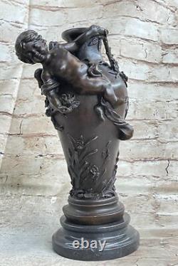 Signed Original Cherub Angel Vase Style Bronze Sculpture Marble Base Deal