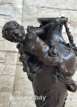 Signed Original Cherub Angel Vase Style Bronze Sculpture Marble Base Deal