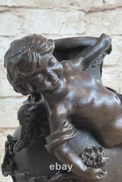 Signed Original Cherub Angel Vase Style Bronze Sculpture Marble Base Deal