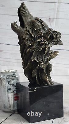 Signed Original Crying Wolf Bronze Sculpture Bust Marble Figurine Lopez