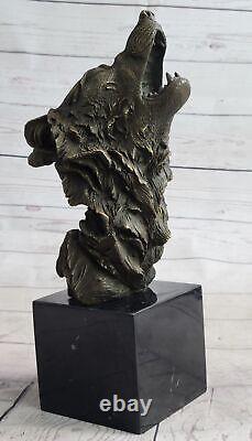 Signed Original Crying Wolf Bronze Sculpture Bust Marble Figurine Lopez