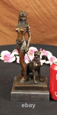 Signed Original Fisher Egyptian Queen With / Guard Dog Bronze Marble Sculpture