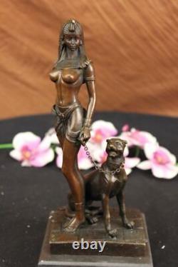 Signed Original Fisher Egyptian Queen With / Guard Dog Bronze Marble Sculpture