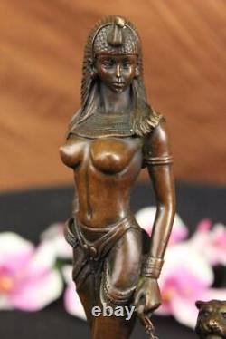 Signed Original Fisher Egyptian Queen With / Guard Dog Bronze Marble Sculpture