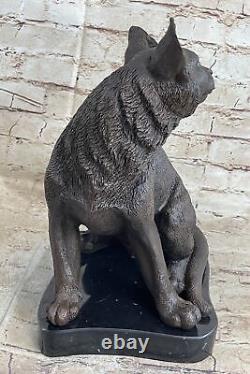 Signed Original Friendly Feline Bronze Art Deco Marble Base Sculpture Statue