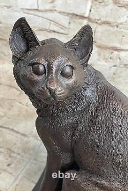 Signed Original Friendly Feline Bronze Art Deco Marble Base Sculpture Statue