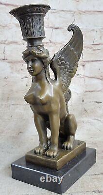 Signed Original High Quality Art Deco Bronze Chair Sphinx Marble Base Pedestal Art