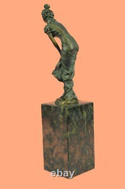 Signed Original Highly Detailed Genuine Bronze Maiden Marble Sculpture Statue