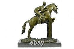 Signed Original Jockey With Horse Bronze Marble Sport Fonte Sculpture Figure