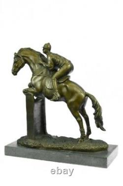 Signed Original Jockey With Horse Bronze Marble Sport Fonte Sculpture Figure