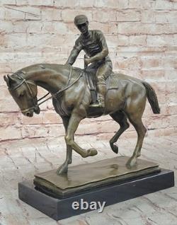 Signed Original Jockey with Bronze Horse Marble Base Cast Iron Sculpture Decor