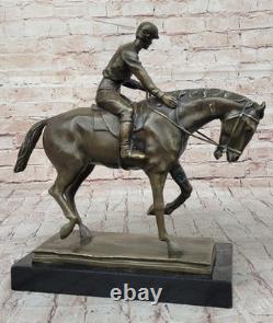 Signed Original Jockey with Bronze Horse Marble Base Cast Iron Sculpture Decor