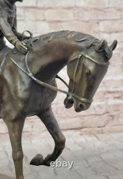 Signed Original Jockey with Bronze Horse Marble Base Cast Iron Sculpture Decor
