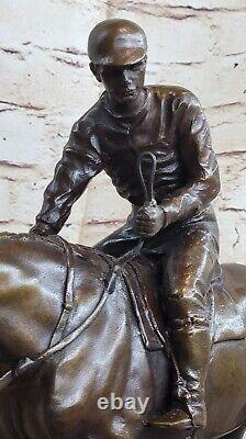 Signed Original Jockey with Bronze Horse Marble Sport Cast Sculpture