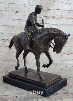 Signed Original Jockey with Horse Bronze Marble Sport Cast Sculpture