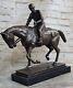 Signed Original Jockey With Horse Bronze Marble Sports Cast Iron Sculpture