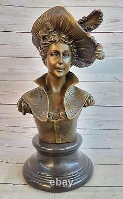 Signed Original Large Sexy Female Bust Bronze Marble Base Sculpture Statue Art