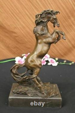 Signed Original Majestic Horse Rears On His Legs Bronze Sculpture Marble
