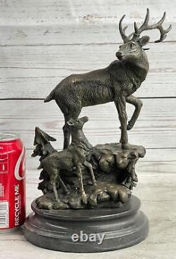 Signed Original Male Deer with His Baby Fawn Bronze Sculpture Marble Base Statue