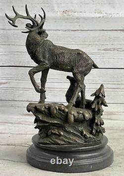 Signed Original Male Deer with His Baby Fawn Bronze Sculpture Marble Base Statue