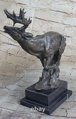 Signed Original Male Reindeer Buck Hunting Bronze Sculpture Marble Figurine Statue